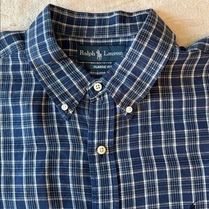 Ralph Lauren Classic Fit Button Down Blue Plaid Linen Shirt Mens XXL Heritage